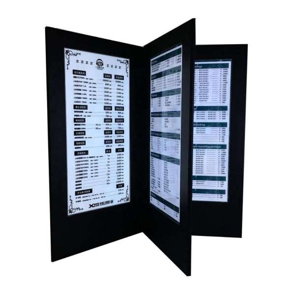 4 pages rechargeable LED menu cover for restaurant for A5 inserts