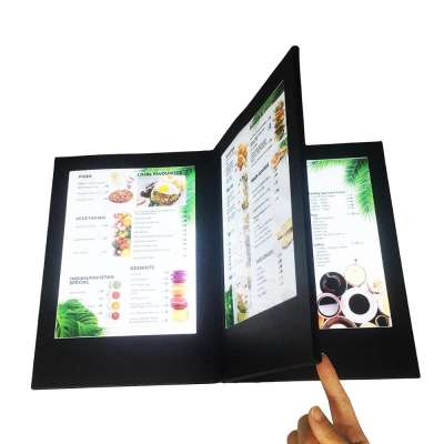 Customized cover UV printing 4 views 3 panels LED menu for A4 inserts, rechargeable LED menu folder for  hotel restaurant